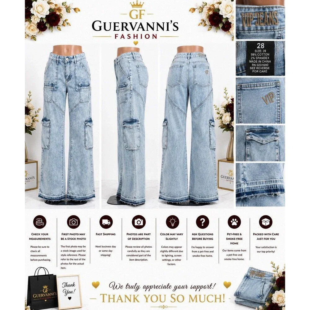 VIP jeans Women’s Size 28 Wide Leg Cargo Denim Light Blue Baggy y2k